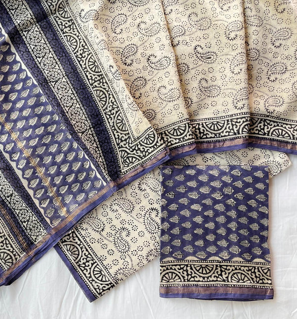 Pure Hand Block Chanderi Silk Unstitched Suit .