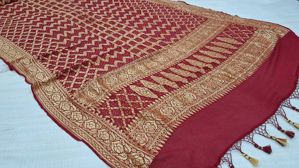 Pure Banarasi Handloom Khaddi Georgette Silk Dupatta With Bhandhej Print. ( Length-2.5 Meter )