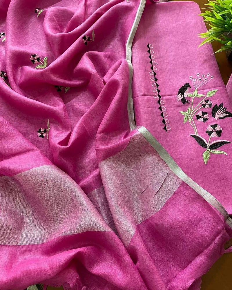 Bhagalpuri Cotton Linen Embroidery Unstitched suit.