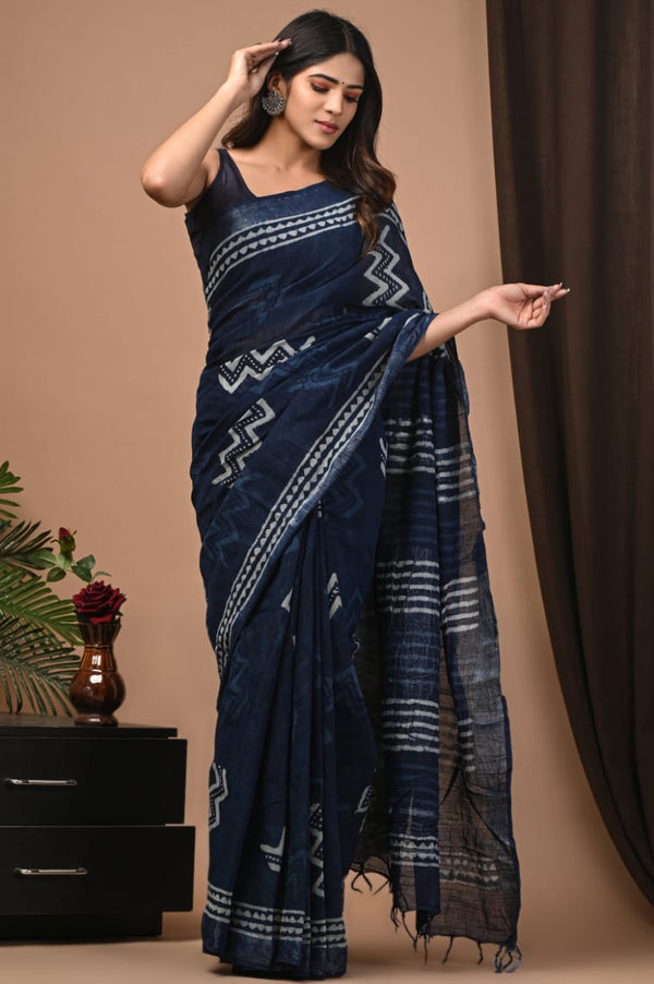 Hand Block Print Linen Saree with Blouse .