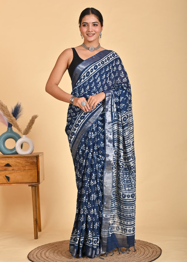 Hand Block Print Linen Saree with Blouse .