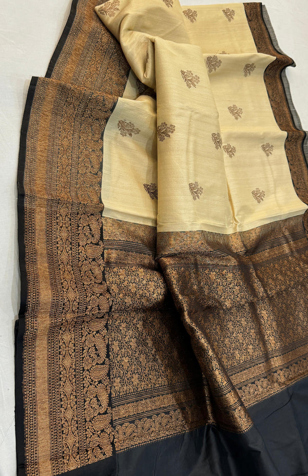 Handwoven Pure Banarasi Tussar Silk Saree With Antique Zari Work.