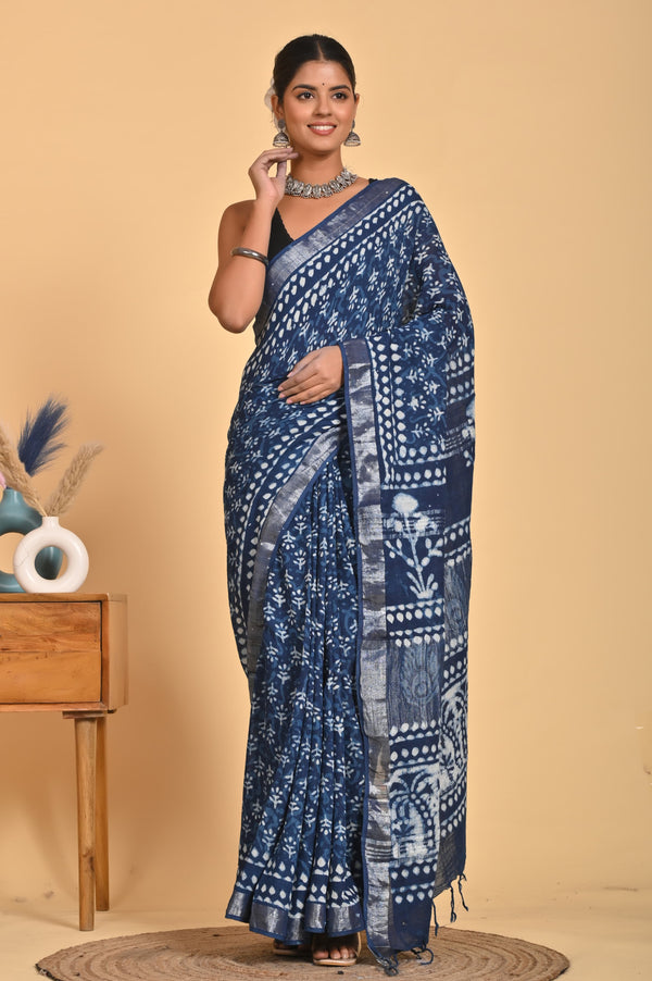 Hand Block Print Linen Saree with Blouse .