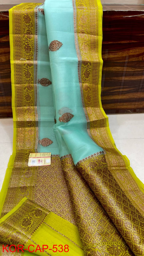 Pure Banarasi Kora Organza Silk Handwoven Zari Work Saree With Silk Mark Certificate ( Length- 6.3 Meter )