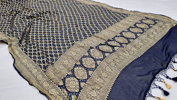 Pure Banarasi Handloom Khaddi Georgette Silk Dupatta With Bhandhej Print. ( Length-2.5 Meter )