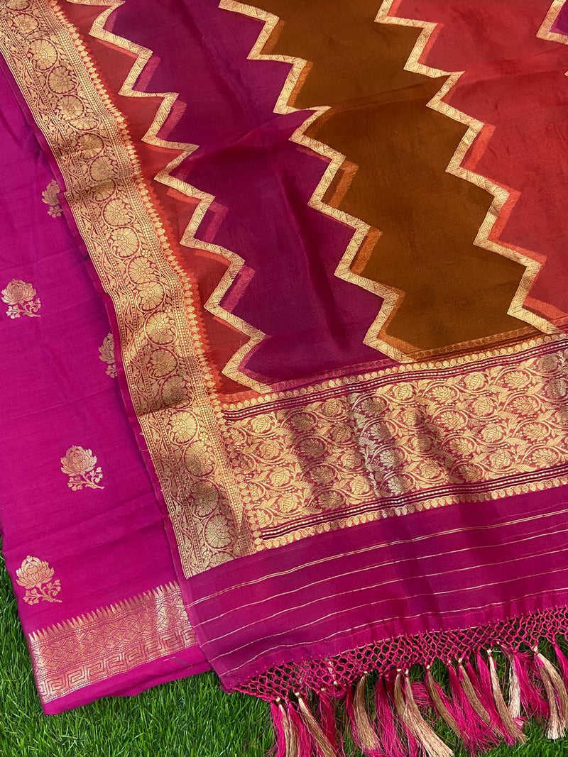 Pure Banarasi Handloom Raw Silk Zari Work Unstitched Suit With Organza Khhadi Dupatta.