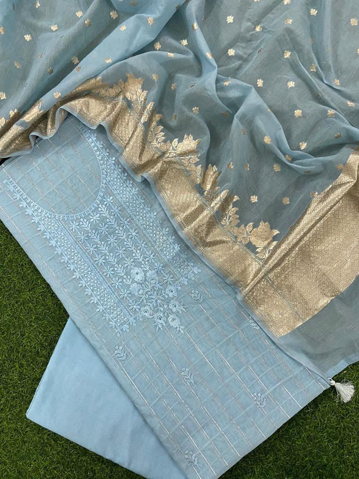 Banarasi Chanderi Lurex Neck Embroidery Unstitched Suit With Cotton Lurex Dupatta.