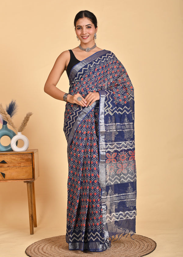 Hand Block Print Linen Saree with Blouse .