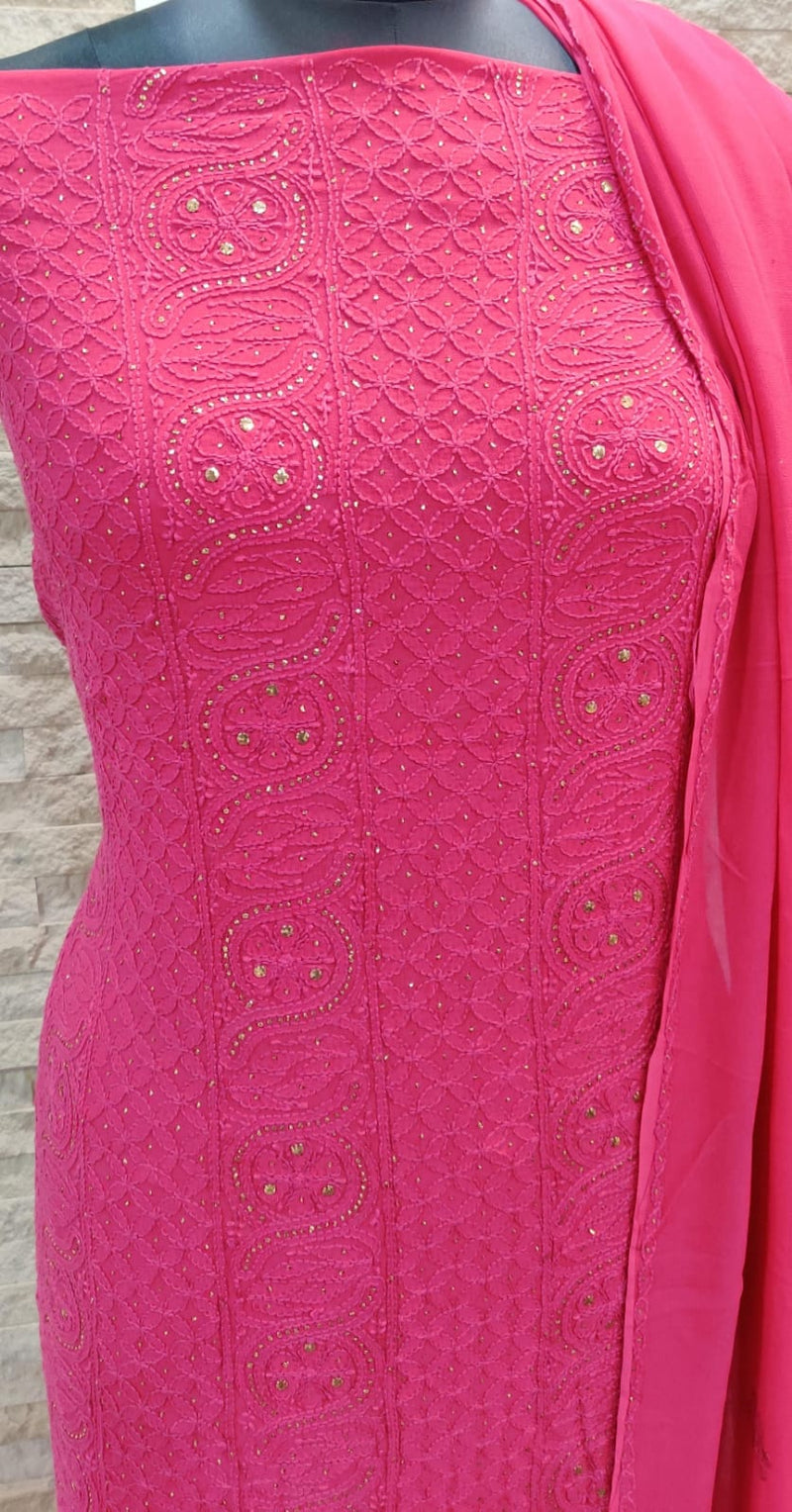 Pure Viscose Georgette Chikankari Hand Embroidery And Mukesh Work Unstitched Suit.