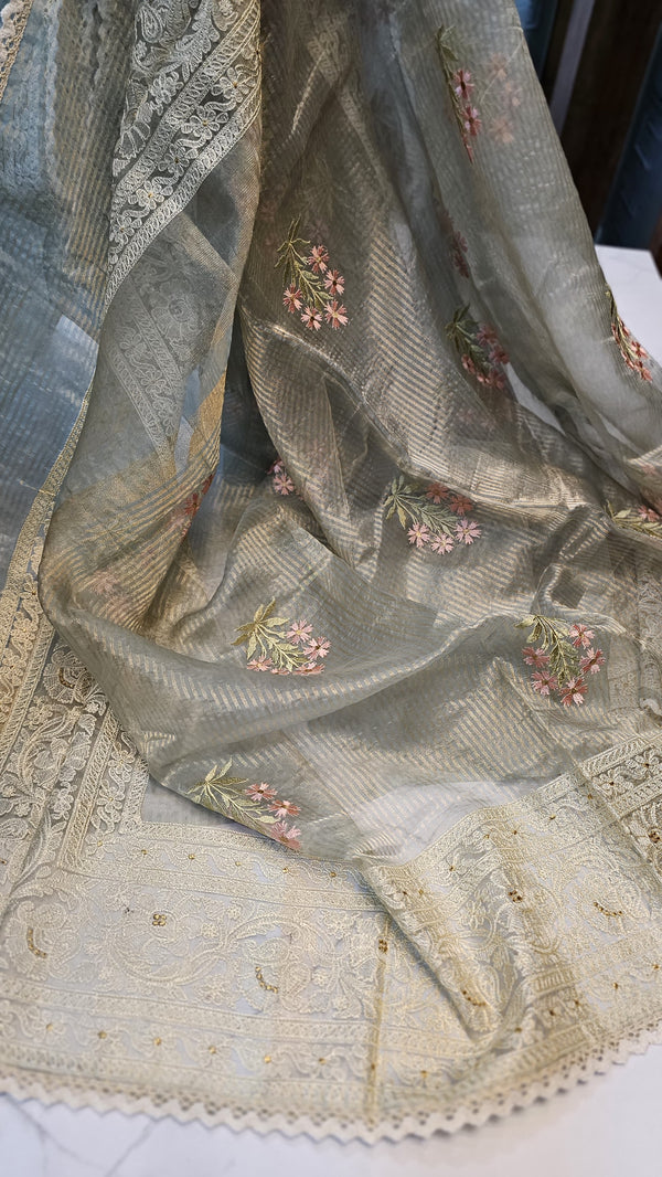 Pure Organza Stripes Embroidery Border Work Saree.