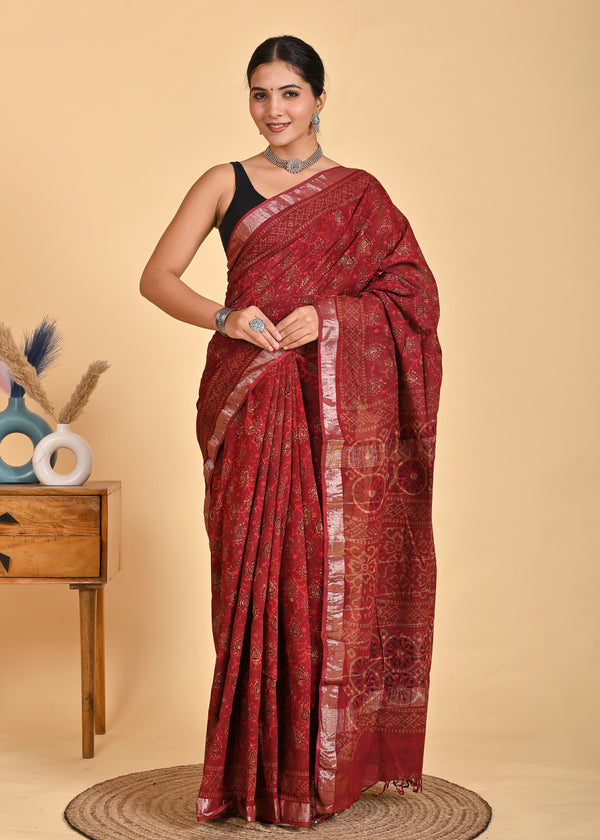 Hand Block Print Linen Saree with Blouse .