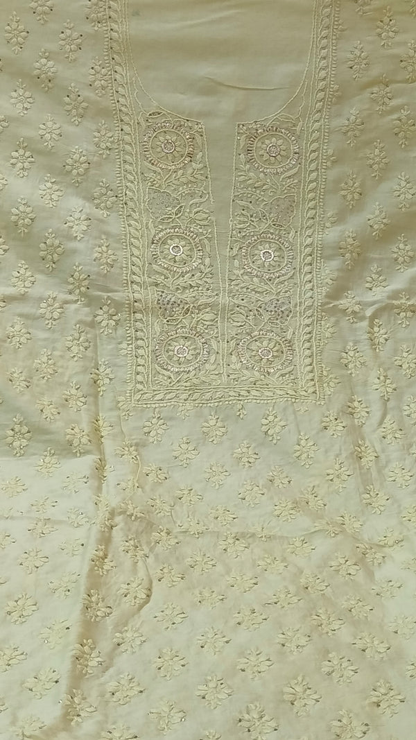 Pure Chanderi Silk 70grm Chikankari And Mukaish Work Unstitched Suit .