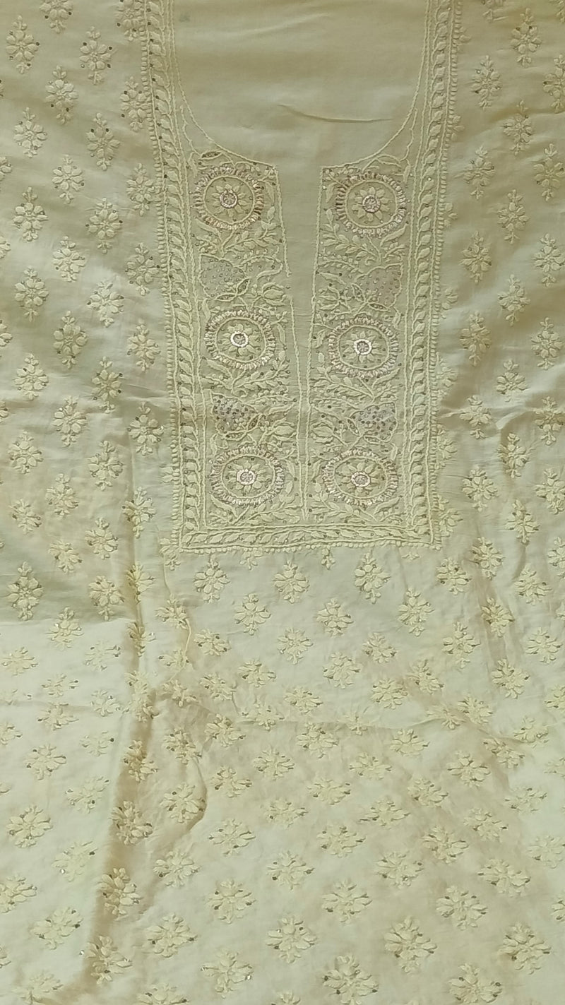 Pure Chanderi Silk 70grm Chikankari And Mukaish Work Unstitched Suit .