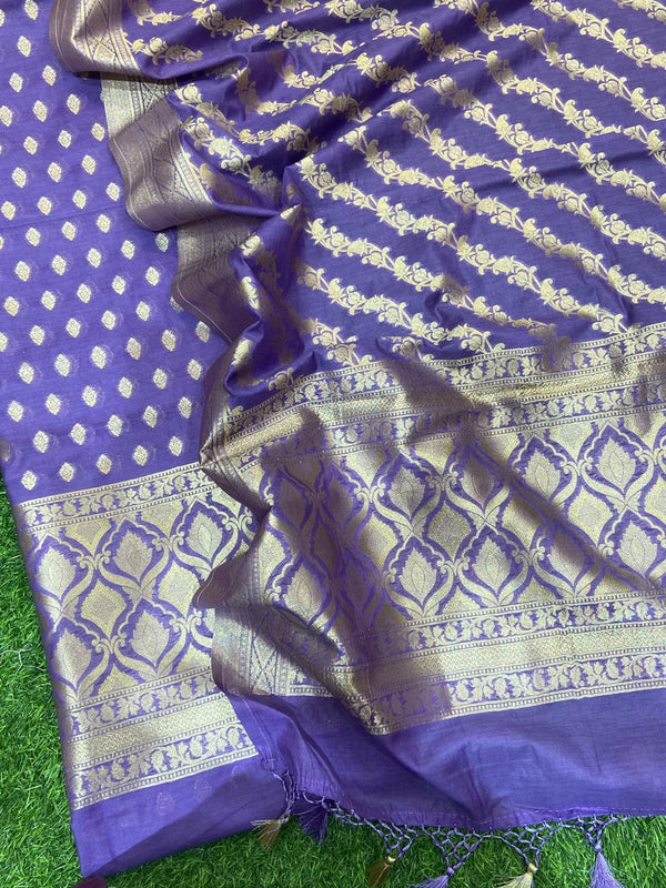 Pure Banarasi Resham Chanderi Silk Zari Woven Unstitched Suit With Resham Chanderi Allover Zari work Dupatta.