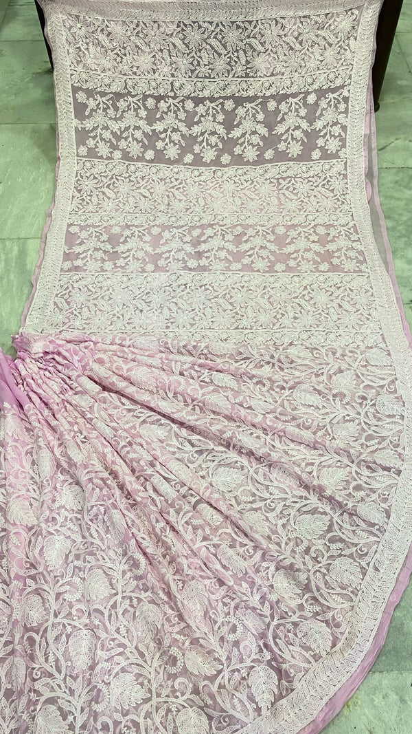 Pure Chiffon Georgette Chikankari Hand Embroidery Full Jaal Work Saree.