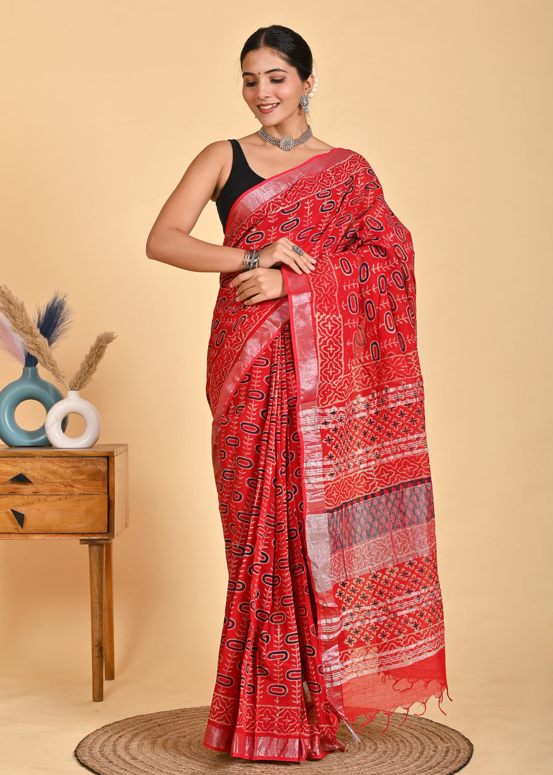 Hand Block Print Linen Saree with Blouse .