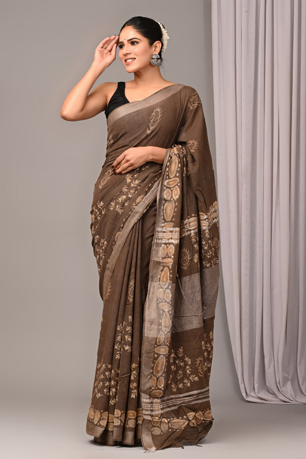 Hand Block Print Linen Saree with Blouse .