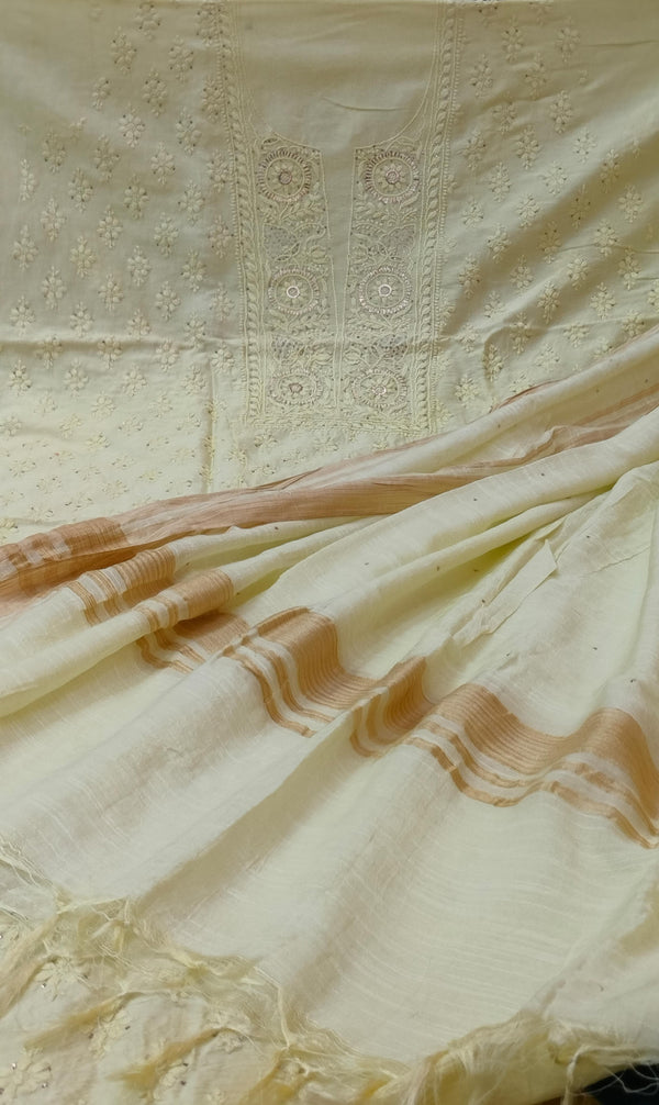 Pure Chanderi Silk 70grm Chikankari And Mukaish Work Unstitched Suit .