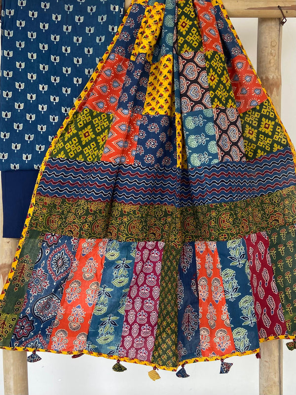 Pure Cotton Azrakh Print Unstitched suit With Patch Work Dupatta.