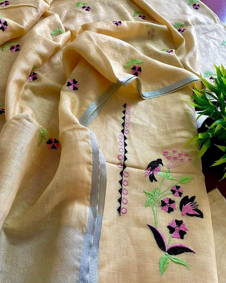 Bhagalpuri Cotton Linen Embroidery Unstitched suit.