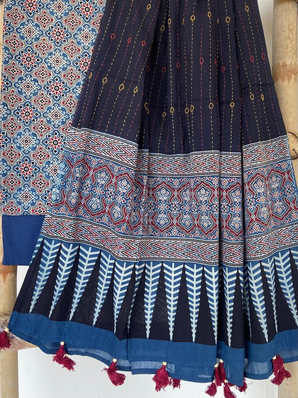 Pure Cotton Azrakh Print Unstitched suit With Hand kantha Work Dupatta .