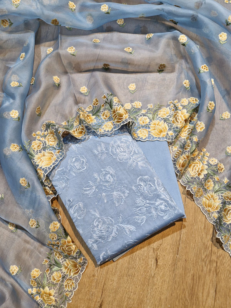 Pure Banarasi Chanderi Silk  Embroidered Unstitched Suit With Pure Organza Silk Dupatta