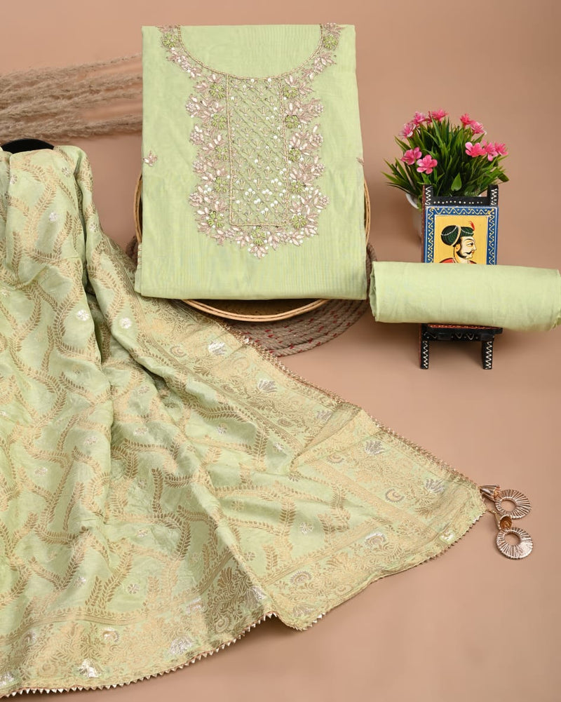 Pure Chanderi Silk Hand Work Unstitched Suit With Dhola Silk Dupatta.