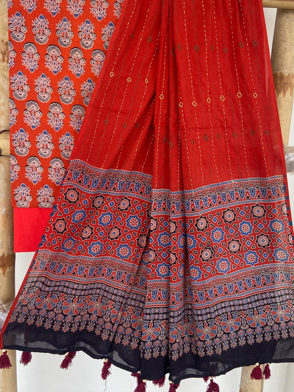 Pure Cotton Azrakh Print Unstitched suit With Azrakh Print Dupatta.