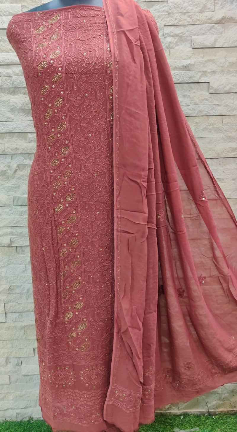 Pure Viscose Georgette Chikankari Hand Embroidery And Mukesh Work Unstitched Suit.