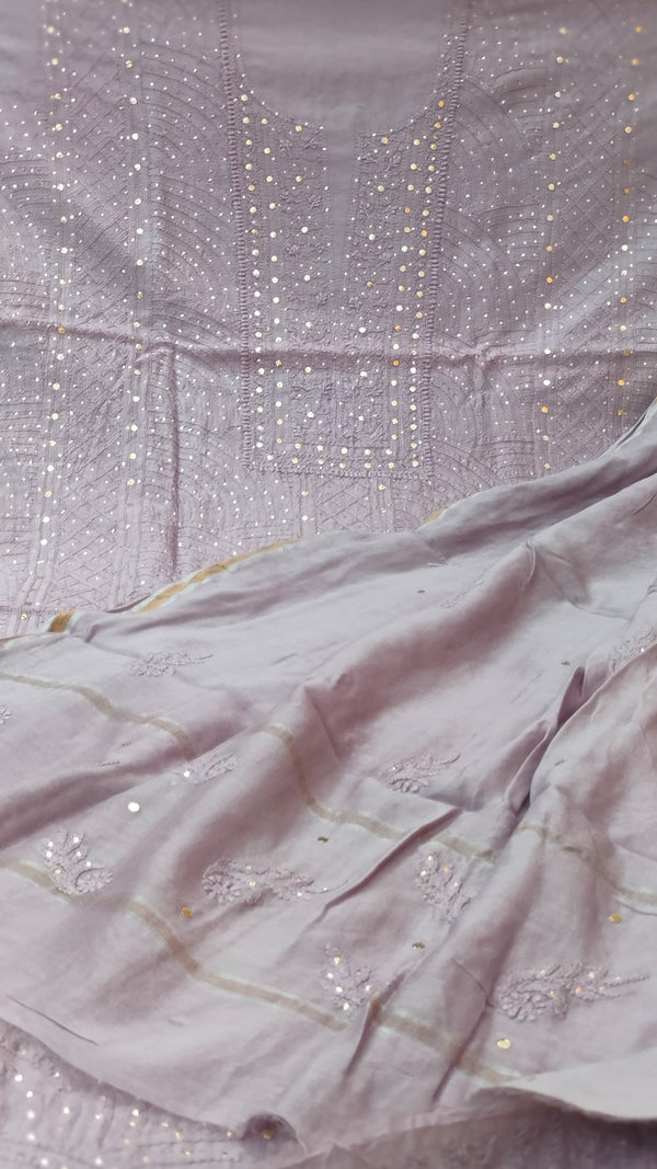 Pure Chanderi Silk 70grm Chikankari And Mukaish Work Unstitched Suit .