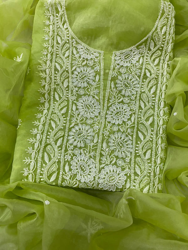 Pure Organza Chikankari Hand Work Unstitched Suit with Pearl Work