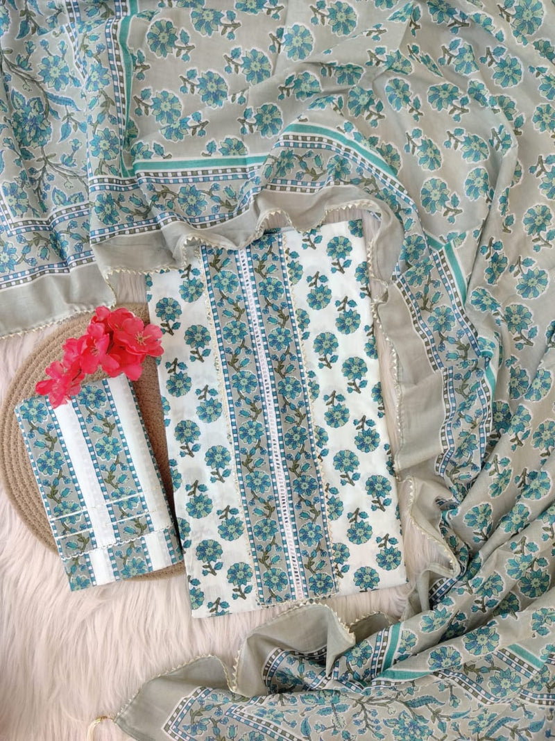 Pure Cotton Hand Block & Gotta patti Work unstitched Suit With Cotton Dupatta.