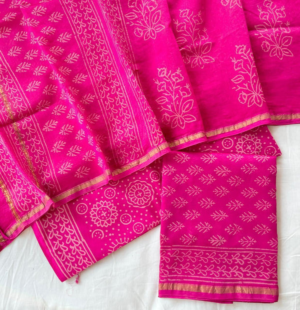 Pure Hand Block Chanderi Silk Unstitched Suit .