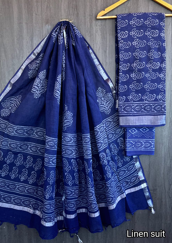 Hand Block Printed Linen Unstitched Suit .