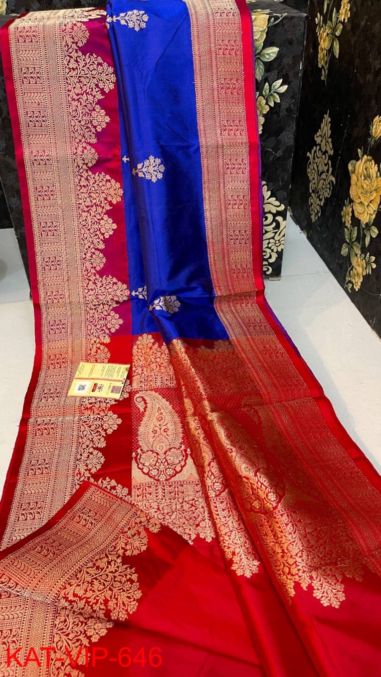 Pure Handloom Banarasi Katan Silk Saree with Antique Zari Work and silk mark certified.