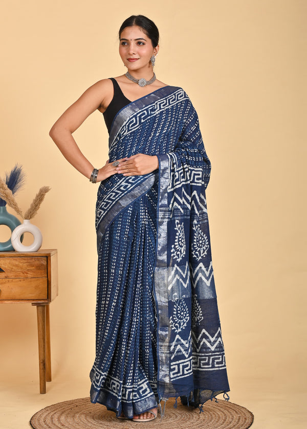 Hand Block Print Linen Saree with Blouse .