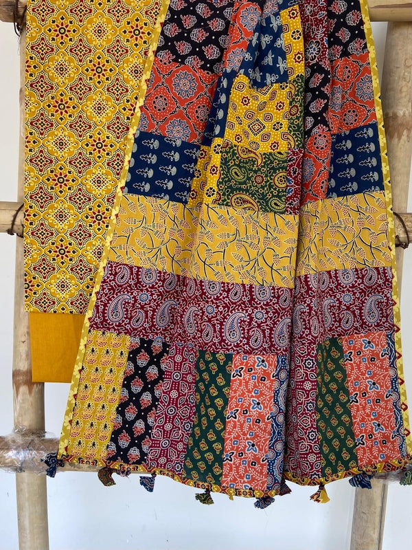 Pure Cotton Azrakh Print Unstitched suit With Patch Work Dupatta.