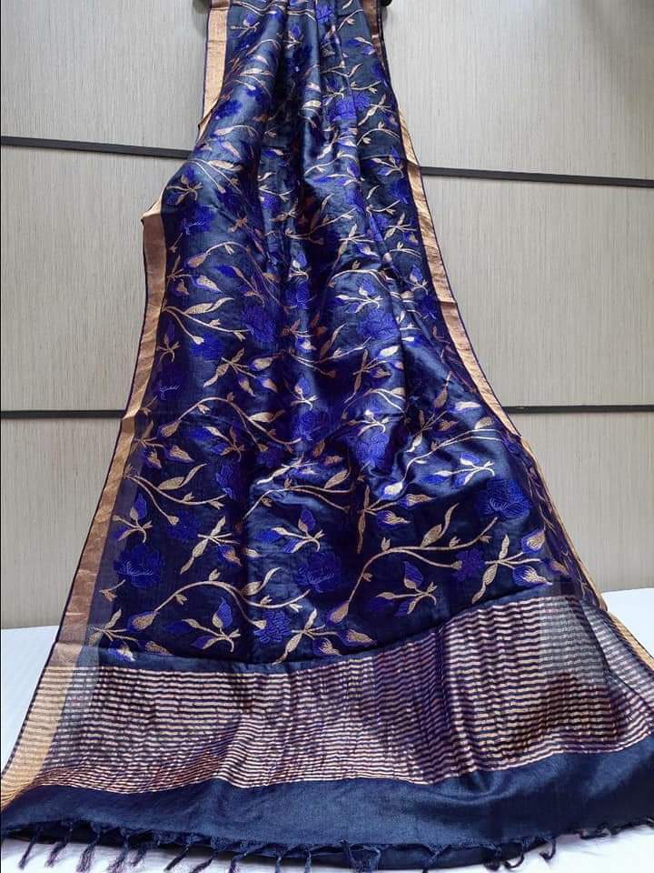 Pure Silk Linen By Linen Saree with Embroidery Work.( length- 6.3 meter )