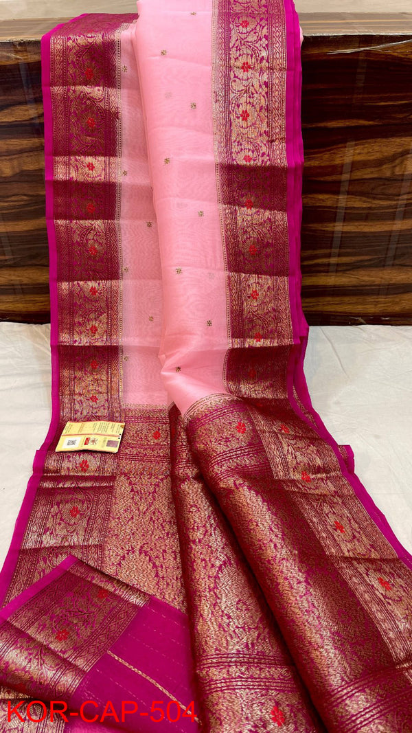 Pure Banarasi Kora Organza Silk Handwoven Zari Work Saree With Silk Mark Certificate ( Length- 6.3 Meter )