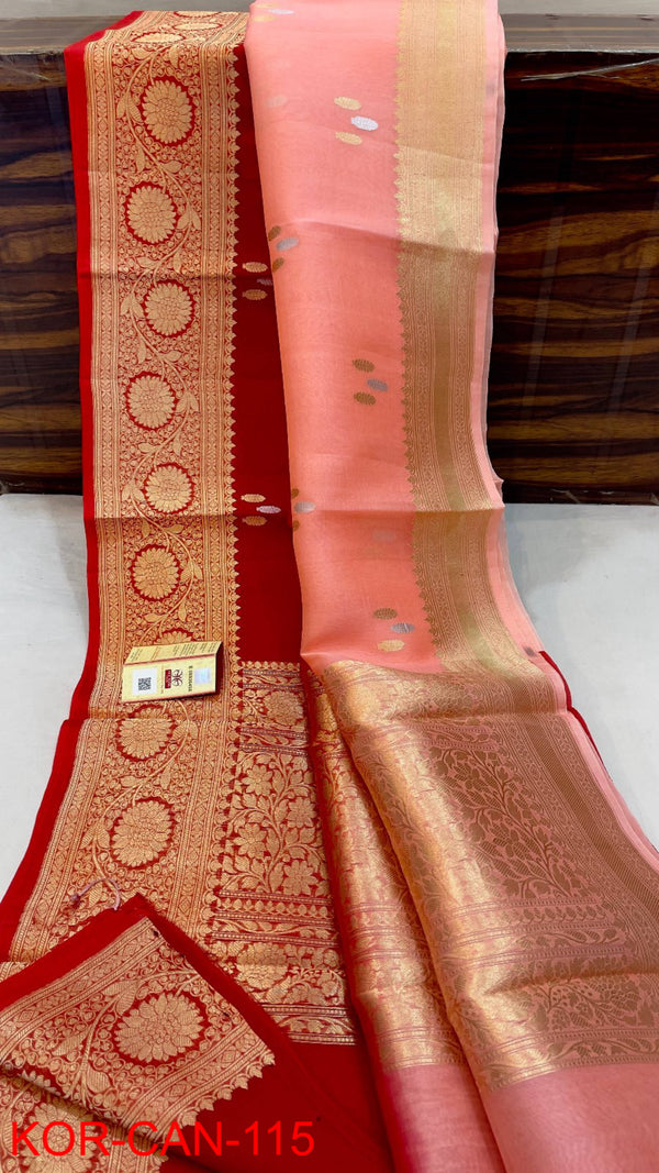 Pure Banarasi Kora Organza Silk Handwoven Zari Work Saree With Silk Mark Certificate ( Length- 6.3 Meter )