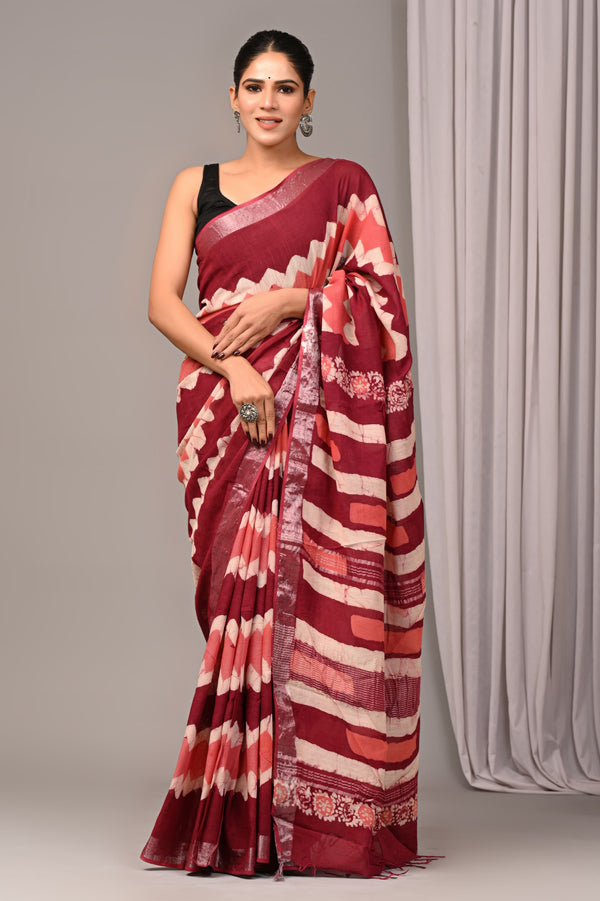 Hand Block Print Linen Saree with Blouse .