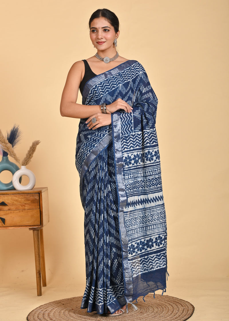 Hand Block Print Linen Saree with Blouse .