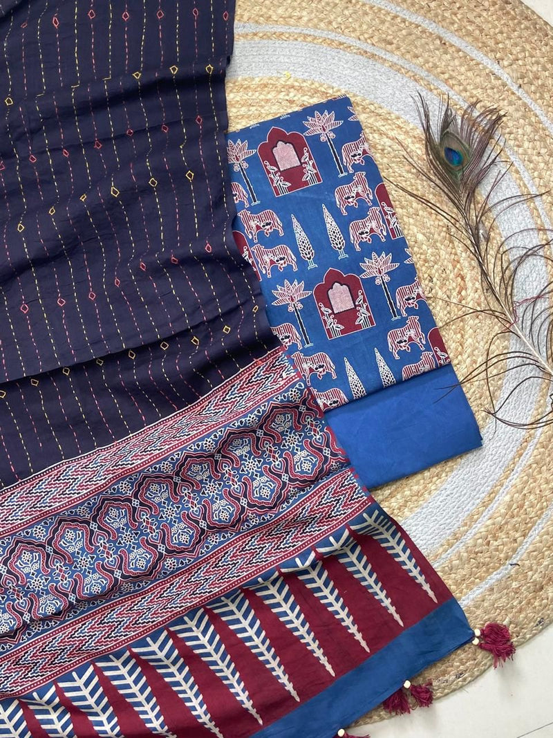 Pure Cotton Azrakh Print Unstitched suit With Hand kantha Work Dupatta .