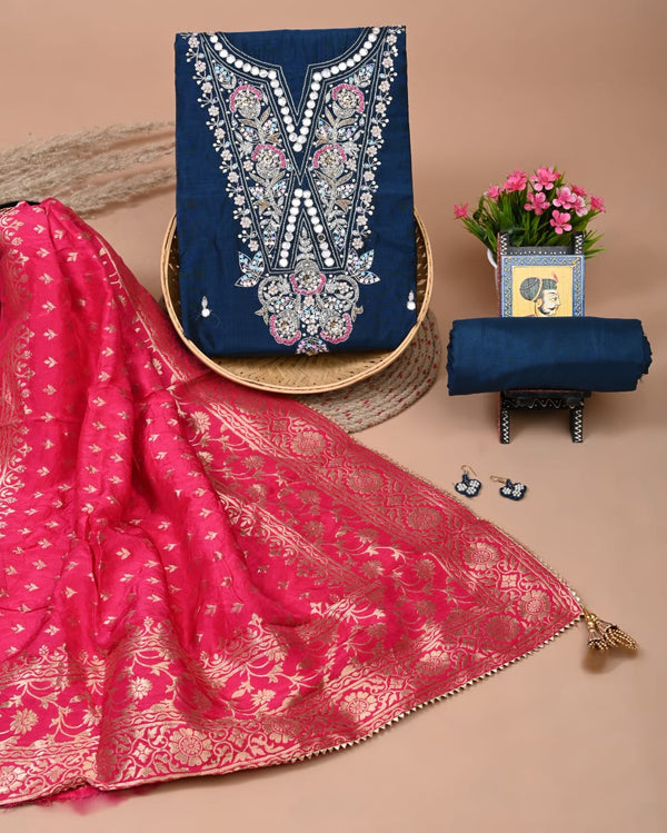 Pure Chanderi Silk Hand Work Unstitched Suit With Dhola Silk Dupatta.