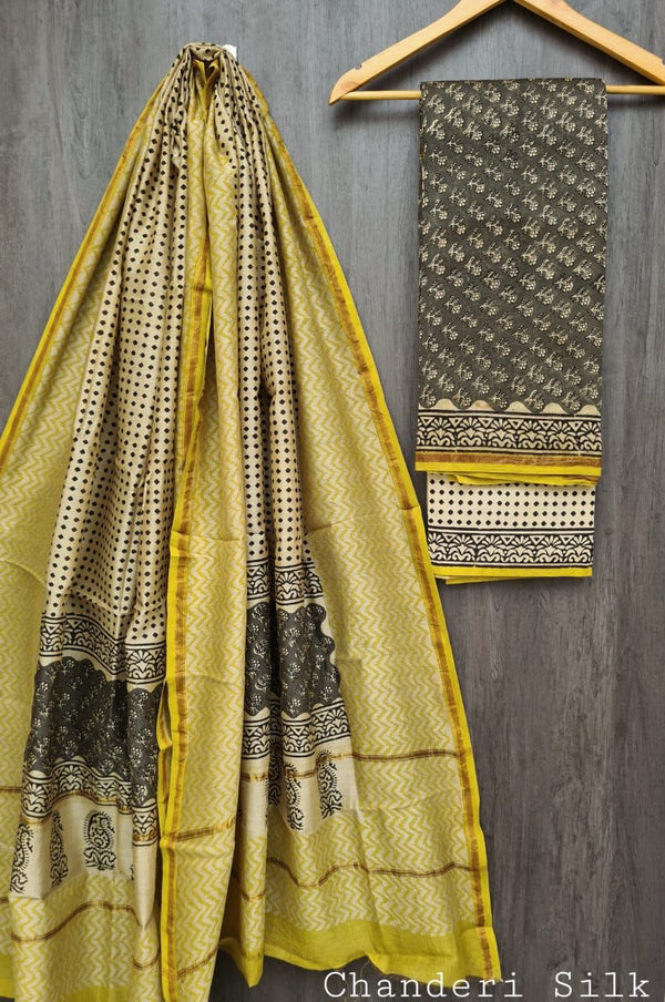 Pure Hand Block Chanderi Silk Unstitched Suit.