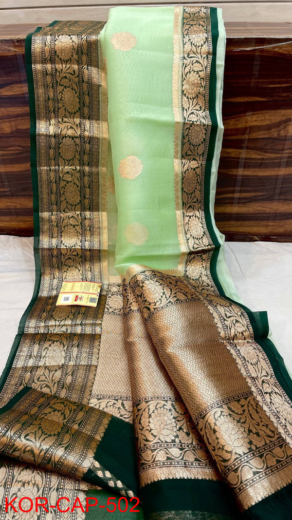 Pure Banarasi Kora Organza Silk Handwoven Zari Work Saree With Silk Mark Certificate ( Length- 6.3 Meter )