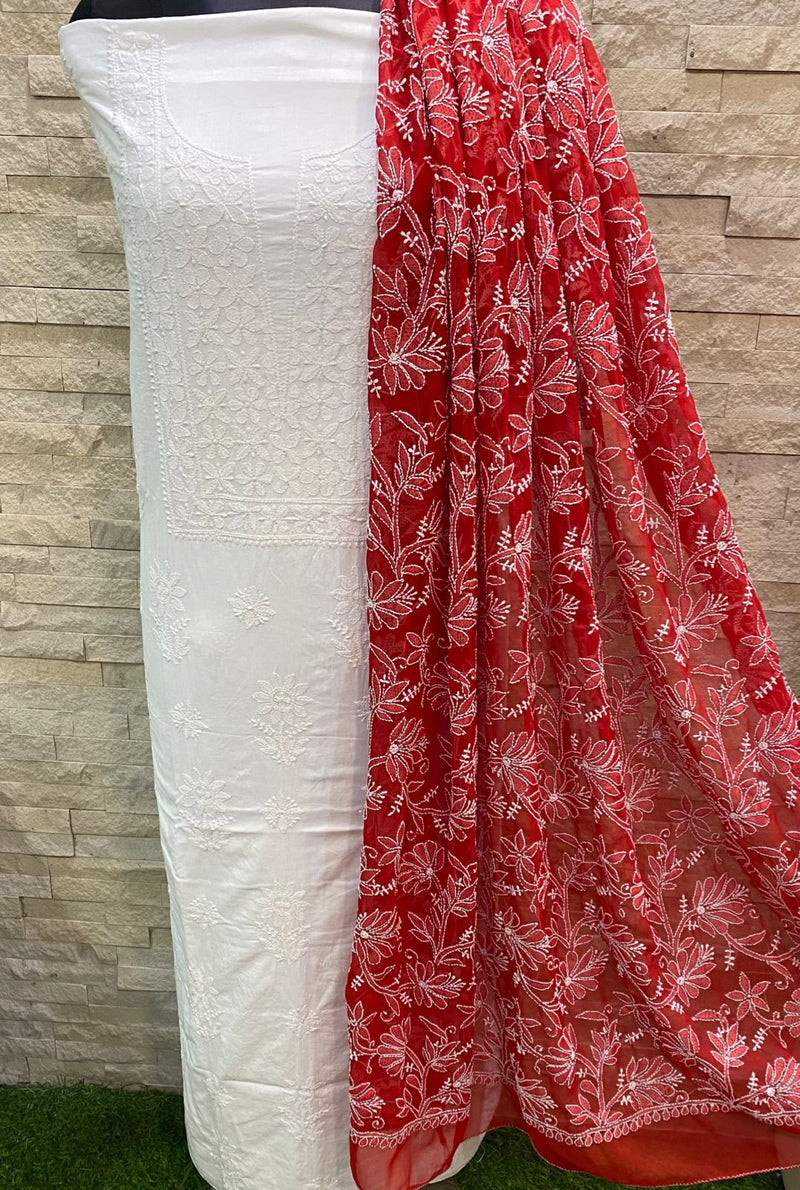 Pure MulMul Cotton Chikankari Unstitched Suit With Chikankari Hand Embroidery Jaal Dupatta .