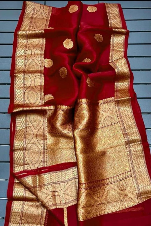 Pure Banarasi Kora Organza Zari Work Saree With Silk Mark Certificate ( Length- 6.3 Meter )