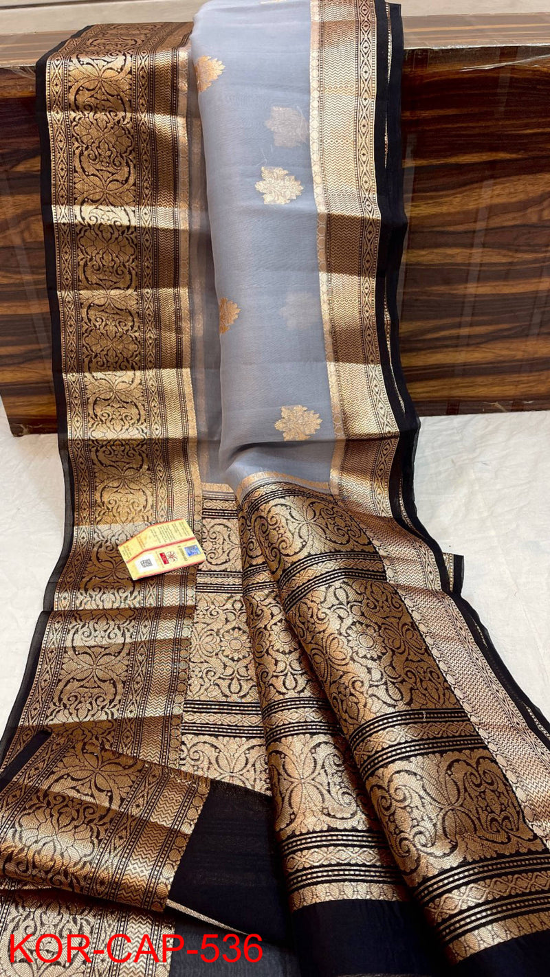 Pure Banarasi Kora Organza Silk Handwoven Zari Work Saree With Silk Mark Certificate ( Length- 6.3 Meter )