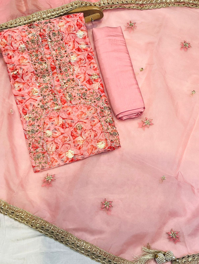 Organza Silk Printed Neck work unstitched Suit with Organza Silk Dupatta.